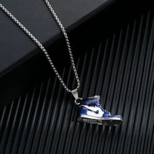 Air Jordan Nike Blue/Silver Tone 3D Sneaker Pendant Necklace Hip Hop Streetwear